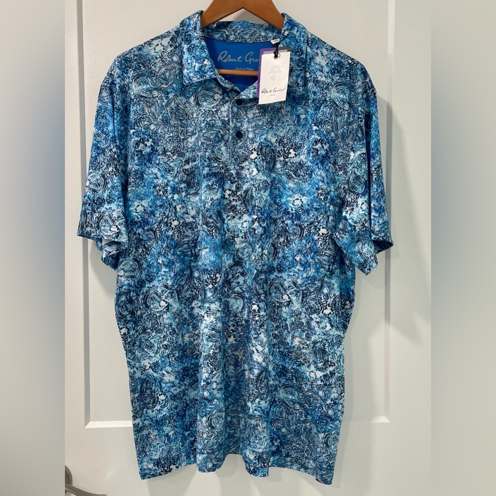 ROBERT GRAHAM Golf Clubhouse Blue Paisley UV Wicking Short Sleeve Polo NWT (XXL - Picture 2 of 13